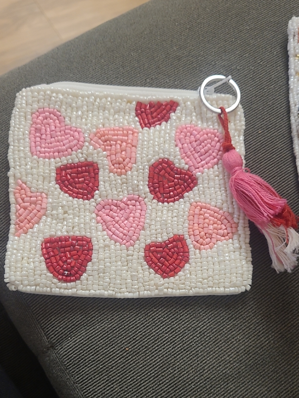 Hand-Beaded Heart Coin Pouch - Cream, Pink & Red